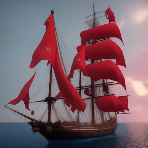 8k, realistic, a sailing galleon called galleon killer, with red flags, sailing on the night