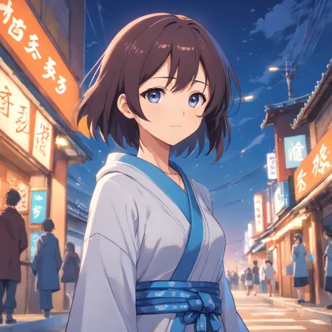 A brunette girl in a blue robe and barefoot stands in front of a release, tapa-olho, orelha partida, cabelo falhado branco, viajante, cicatrizes de luta, single character, visual anime de uma menina bonito, cabelo branco, anime illustration, cabelo branco,...