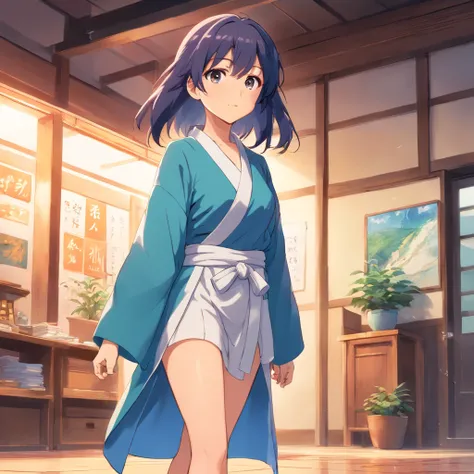 A brunette girl in a blue robe and barefoot stands in front of a release, tapa-olho, orelha partida, cabelo falhado branco, viajante, cicatrizes de luta, single character, visual anime de uma menina bonito, cabelo branco, anime illustration, cabelo branco,...