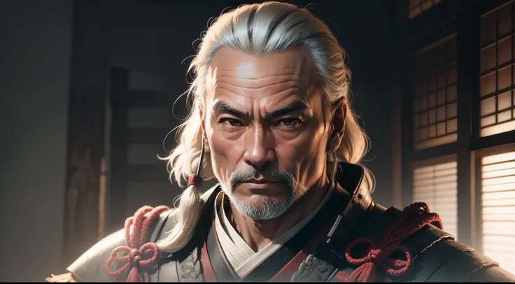 Homem Samurai com cabelo comprido amarrado,50 anos, Perfect artwork, piece of master, melhor qualidade, alto, layered lighting -- 4K