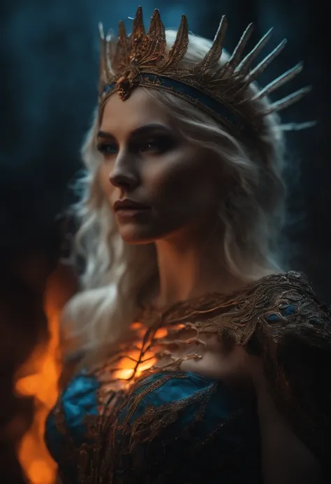 a detailed realistic photo of a  queen of death,  wearing bio-luminescent translucent scale two piece worn and torn looking outfit, skeleton and bones clearly visible, flaming blonde flowing hair, luxurious, fighting stance, fantasy moody image illustratio...