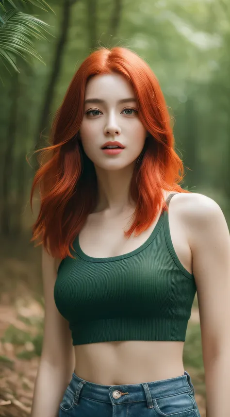 ((Realistic lighting, Best quality, 8K, Masterpiece:1.3)), Focus:1.2, 1girl, Perfect Figure:1.4, Slim Abs:1.1, ((red Hair)), (Crop Top: 1.4), (Outdoor, forest: 1.1), forest, Super Fine Face, Fine Eyes, Double Eyelids, wavy hair