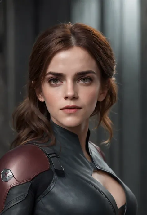 Emma Watson as a black widow from the Marvel universe, in an urban environment, super detailed, super detailed black widow costume, high-quality face study, full body, super quality for competition, (perfect body: 1.1), (short wavy hair: 1.2), whole body, ...