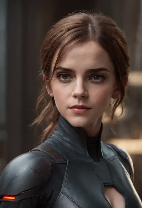 Emma Watson as a black widow from the Marvel universe, in an urban environment, super detailed, super detailed black widow costume, high-quality face study, full body, super quality for competition, (perfect body: 1.1), (short wavy hair: 1.2), whole body, ...