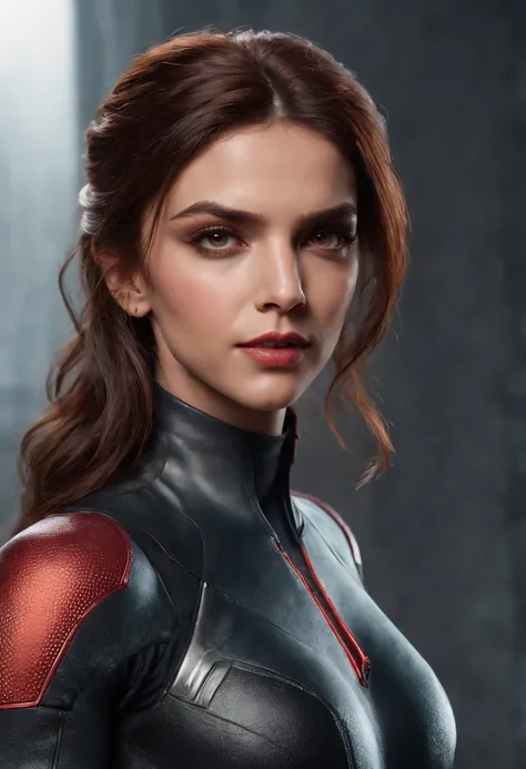 Deepika Padukone as a black widow from the Marvel universe, in an urban environment, super detailed, super detailed black widow costume, high-quality face study, full body, super quality for competition, (perfect body: 1.1), (short wavy hair: 1.2), whole b...