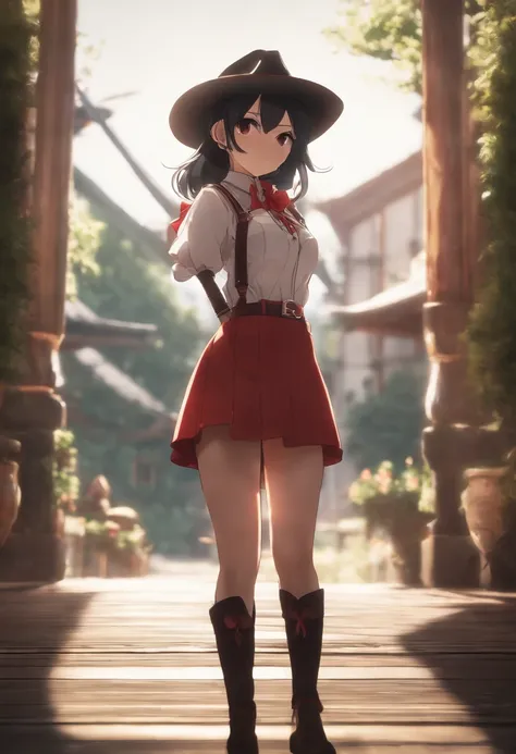 beautiful, masterpiece, best quality, extremely detailed face,  perfect lighting, 1girl, solo,  matoi ryuuko b, senketsu, suspender skirt, squatting,blush,  cowboy shot