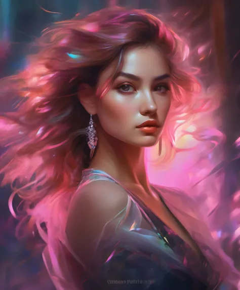 (Una pintura de una mujer con cabello largo), Arte digital, inspirado por Ross Tran, cabello largo y esponjoso y rizado, Soft sunset lighting, Hermoso arte UHD 4K, Vestido y rostro detallados, Chica rosa, Pintura realista de chica linda, Magali Villeneuve ...