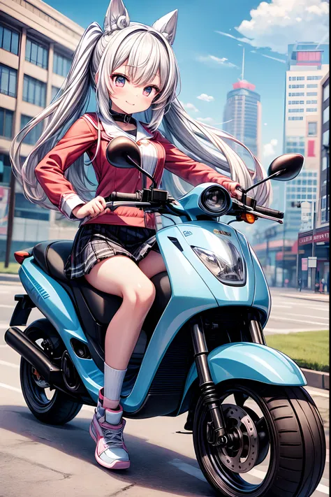 kawaii, anime girl, driving scooter, highres, detailed, 8k