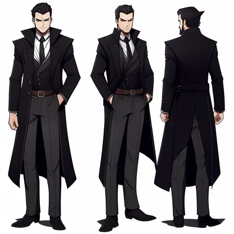 Crie um personagem de RPG em desenho com camisa preta, black pants and black overcoat