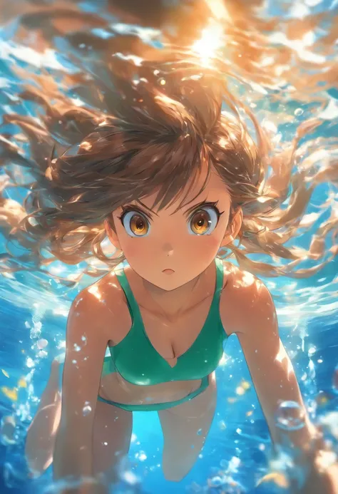 foreshortening,  depth of fields, masutepiece, Best Quality, 1girl in, Brown hair, Brown eyes,  Long hair, under the water, Air bubble, Solo, Looking at Viewer, School Swimsuit, Swimming,  Dappled sunlight,