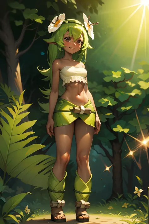 4M4L14, 1girl, masterpiece, hires, extremely detailed, (realistic:0.5), (colorfull), (HD), (wallpaper), (4k), green hair, midriff, flower, dark-skinned female, dark skin, skirt, long hair, hair ornament, brown eyes, hair flower, navel, bare shoulders, smil...