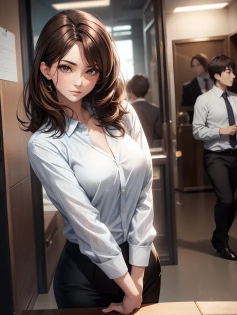 Best Quality, masutepiece, beautiful mature women、Beautiful face、Strong-minded woman、Office Suits、Black pants、brown haired、Brown-eyed、Longhaire、Undersized eyes、Full body like、(((Reception)))