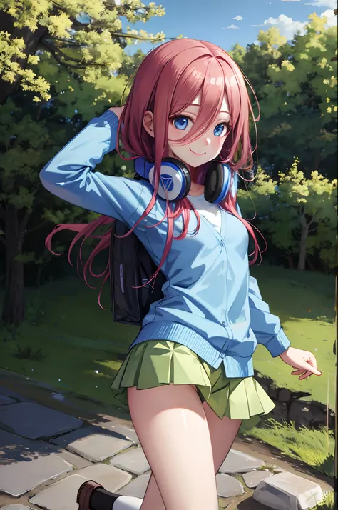 best quality, masterpiece, nice hands, perfect hands, Miku hiking, smile, small breasts, Blue Cardigan, county road,