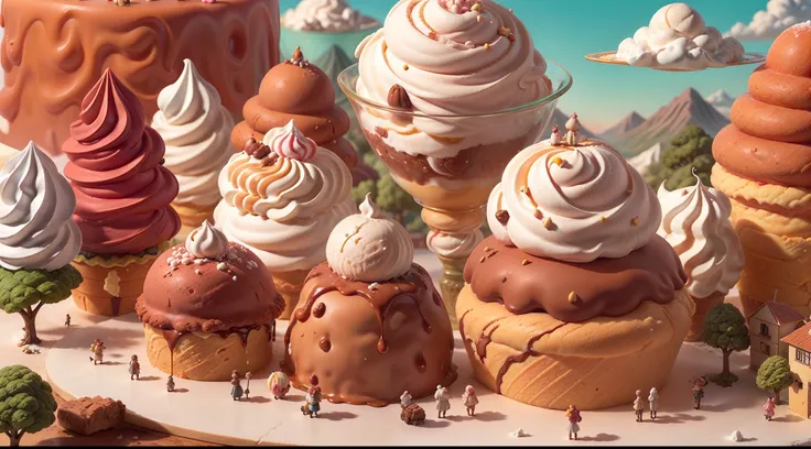 (masterpiece, high resolution, whimsical, fantasy illustration:1.3), a world made entirely of ice cream, (sugar-coated landscapes:1.2), (endless ice cream mountains:1.1), (sprinkle-covered fields:1.2), (rivers of chocolate:1.1), (caramel waterfalls:1.2), (...