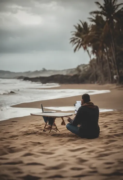 Trabalhando com notebook na praia