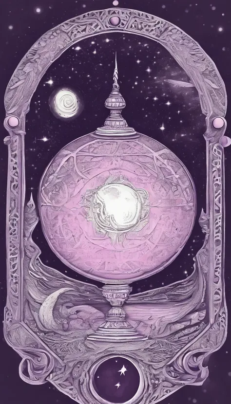 um ser cosmico com manto rosa, A staff and lamp in hand in a galactic portal looking in first-person perspective, with a violet and pink sky in the background and a big, bright full moon