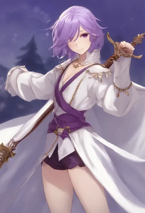 Make a version of this image anime character with purple hair and purple clothing holding a sword, bobo medieval, bobo da corte, bobo masculino, jester themed, Homem em uma fantasia de bobo, inspirado em Matsumura Goshun, corpo inteiro branco roxo manto, c...