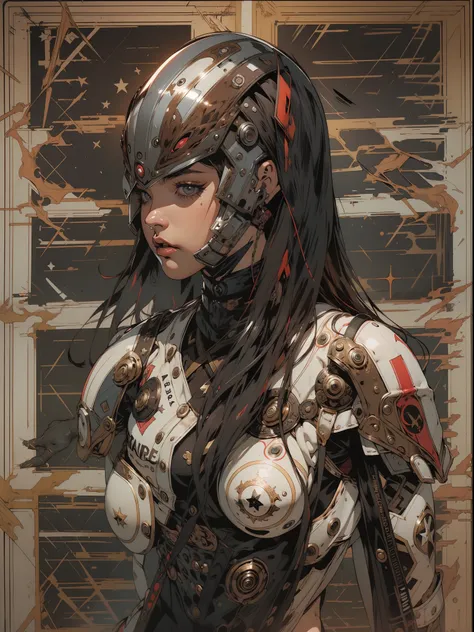 (((mulher))), (((melhor qualidade))), (((obra prima))), (((adulto))), (((1girl))), ((( corte de cabelo moicano ))), Uma gladiadora cyberpunk mulher de 25 anos com corpo perfeito, alien armor, h.r. Estilo Giger, shoulder pads with metal spines, Gladiadores ...