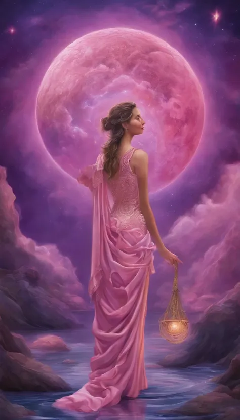 a distant cosmic being standing in a pink robe, abaixo de um portal em formato de espiral, com escritura: Portal 9/9. The female cosmic being with a staff resting on the water floor, in one hand and a lamp lit and shining with fire in the other hand, olhan...