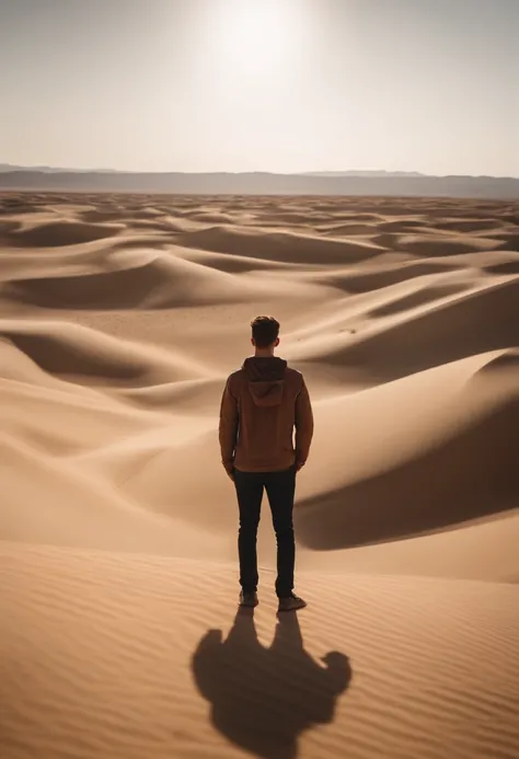 25 yo guy, with (brown) hair, seen from behind, watching desert during day, very big dunes, ultra realism, 8k, masterpiece, zoom out