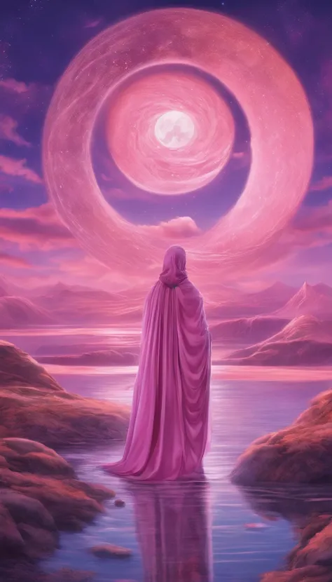 A distant cosmic being standing with a pink cloak, below a spiral-shaped portal, with the inscription: Portal 9/9. The feminine cosmic being with a staff resting on the watery ground in one hand and a lit and radiant lantern with fire in the other hand, fa...