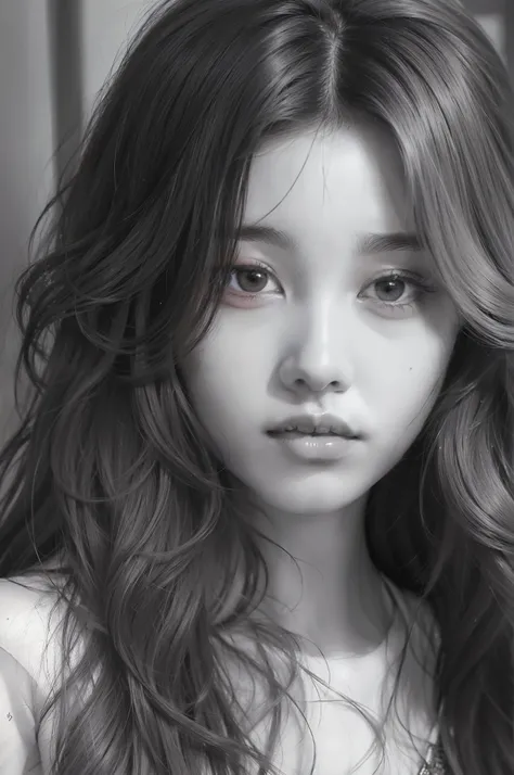 ((portrait of ultra realistic))、(Draw in detail with a pencil)、(black-and-white)、beautfull Japanease woman、facefocus、Lustrous hair、18year old、