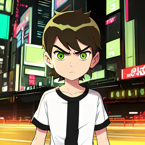 masterpiece, best quality, 1boy, bentennyson, green eyes, annoyed,angry,upper body,shirt, cyberpunk city background