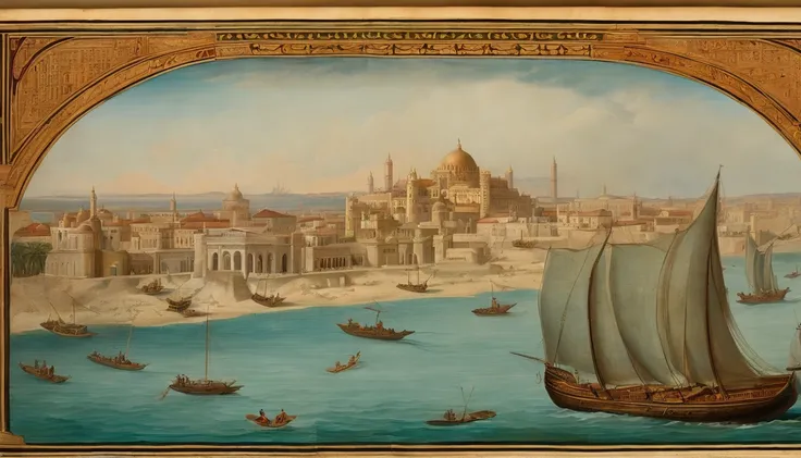 Ancient scholars writing about Atlantis, with illustrations of the city in old books.