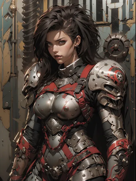 (((mulher))), (((melhor qualidade))), (((obra prima))), (((adulto))), (((1girl))), ((( corte de cabelo moicano ))), Uma gladiadora cyberpunk mulher de 25 anos com corpo perfeito, alien armor, h.r. Estilo Giger, shoulder pads with metal spines, Gladiadores ...