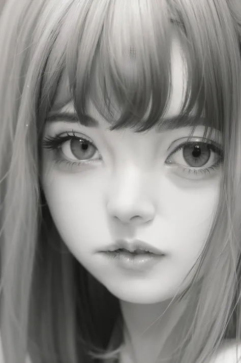 ((portrait of ultra realistic))、(Draw in detail with a pencil)、(black-and-white)、beautfull Japanease woman、facefocus、Lustrous hair、18year old、