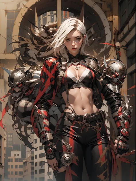 (((mulher))), (((melhor qualidade))), (((obra prima))), (((adulto))), (((1girl))), ((( corte de cabelo moicano ))), Uma gladiadora cyberpunk mulher de 25 anos com corpo perfeito, alien armor, h.r. Estilo Giger, shoulder pads with metal spines, Gladiadores ...