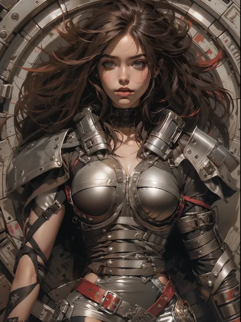 (((mulher))), (((melhor qualidade))), (((obra prima))), (((adulto))), (((1girl))), ((( corte de cabelo moicano ))), Uma gladiadora cyberpunk mulher de 25 anos com corpo perfeito, alien armor, h.r. Estilo Giger, shoulder pads with metal spines, Gladiadores ...