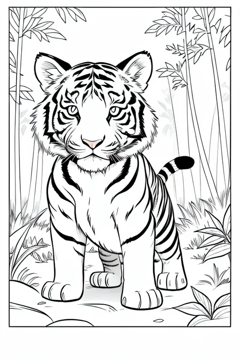 coloring book of a baby tiger in the forest, estilo cartoon, linhas grossas, sem cor, fundo branco, dashes only