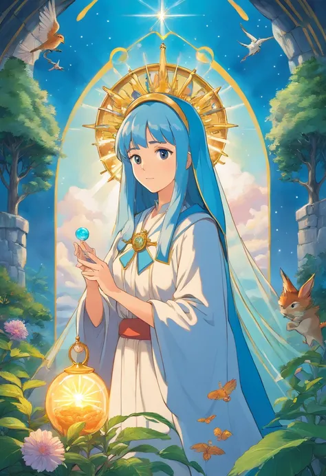 holy mary, tarot card style, Rider Waite Tarot Estilo, manto azul, olhar para dentro, fundo azul, sentado em um trono de pedra, Rastreamento aparente, ultra-detalhado, Our Lady of Fatima, taro, tarot, Tarot Card, carta de tarot, carta imperatriz, anime, ar...