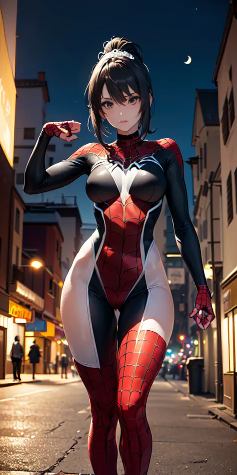 anime, anime profesional, (obra maestra, 4k-resolution, ultra realista, muy detallado), (White Superhero Themes, carismatic, hay una chica en la parte superior de la ciudad, vestido con el traje de Spider-Man de color negro y verde fluorescente, she is a s...