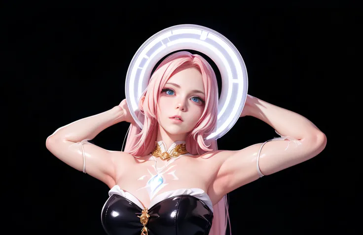 (anime girl), (white skin), ([pink] long hair), (holding a ring of light [behind her head]), (glowing halo), (wearing a black leather top covering breasts), (vibrant colors), (detailed eyes and lips), (symetrical eyes), (big anime eyes), (small nose), (cle...