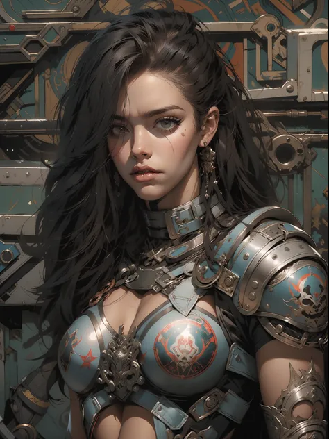 (((mulher))), (((melhor qualidade))), (((obra prima))), (((adulto))), (((1girl))), ((( corte de cabelo moicano ))), Uma gladiadora cyberpunk mulher de 25 anos com corpo perfeito, alien armor, h.r. Estilo Giger, shoulder pads with metal spines, Gladiadores ...