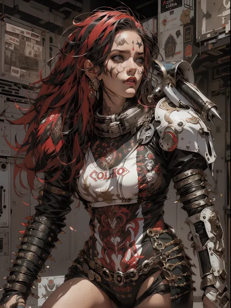 (((mulher))), (((melhor qualidade))), (((obra prima))), (((adulto))), (((1girl))), ((( corte de cabelo moicano ))), Uma gladiadora cyberpunk mulher de 25 anos com corpo perfeito, alien armor, h.r. Estilo Giger, shoulder pads with metal spines, Gladiadores ...