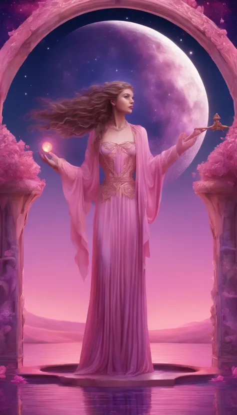 A distant cosmic being, standing with a pink cloak, below an inverted U-shaped portal. The feminine cosmic being with a staff resting on the watery ground in one hand and a lit lantern in the other hand, facing the portal and back to the screen, against a ...