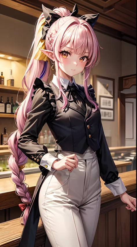 Masterpiece, best quality, absurdres, anime style 

bar scenery, indoors, cowboy shot, solo, standing, looking at viewer

1girl, bartender vest, (very long hair), blunt bangs, (bow ponytail braided, red bow), blush, (smug:1.0), big eyes, purple hair, yello...