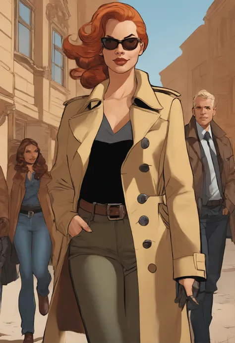 Close-up of people in trench coats and jeans, official character art, official character illustration, adam hughes, character art closeup, Women researchers, full body portrait of jean grey, detailed character art, detailed character portrait, Comic book c...