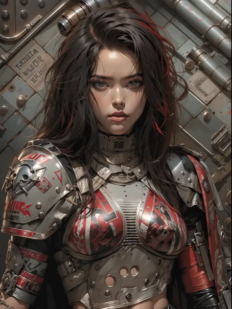 (((mulher))), (((melhor qualidade))), (((obra prima))), (((adulto))), (((1girl))), ((( corte de cabelo moicano ))), Uma gladiadora cyberpunk mulher de 25 anos com corpo perfeito, alien armor, h.r. Estilo Giger, shoulder pads with metal spines, Gladiadores ...