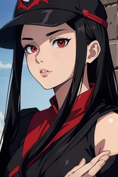 (masterpiece, highly detailed, best quality) 1girl, adult, extremely detailed anime face and eyes, red eyes, black hair, black navy cap, black clothes, fantasy world