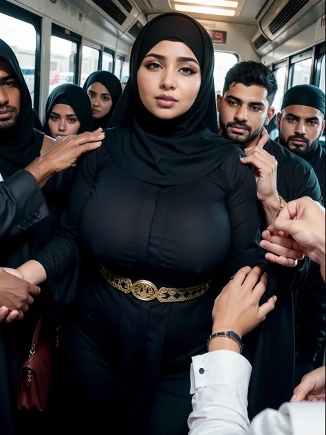 Beautiful thicc Egyptian mom wearing abaya surrounded by men in a crowded bus. Being touched. Hands on her body