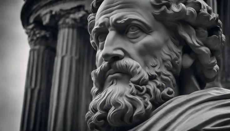 a portrait statue of the stoic Seneca in black and white 4K,Face de lado, papel de parede super realista