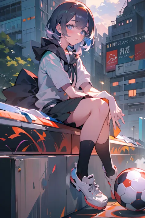 Anime girl sitting on a ledge with a soccer ball in hand, anime moe artstyle, trending on artstation pixiv, arte anime de alta qualidade, retrato de corpo inteiro de um curto!, estilo anime 4K, Melhor Avaliado em Pixiv, (menina anime), Guweiz em Pixiv ArtS...