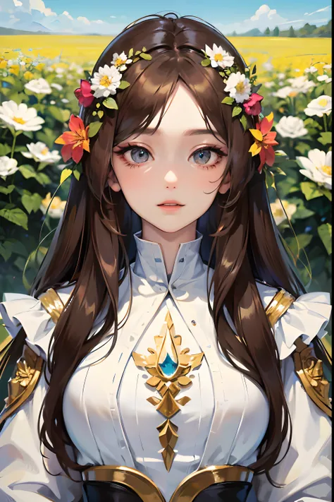 ((tmasterpiece))，(Best quality at best)，(A half body)，looks away，(ultra intricately detailed)，(Highest definition)，(8K)，(Clean lines)，(Perfect facial features，Perfect flesh)，(offcial art)，1girll，a druid，naturey，grassy，fresh flowers，Skins，Savage，hermit，Natu...