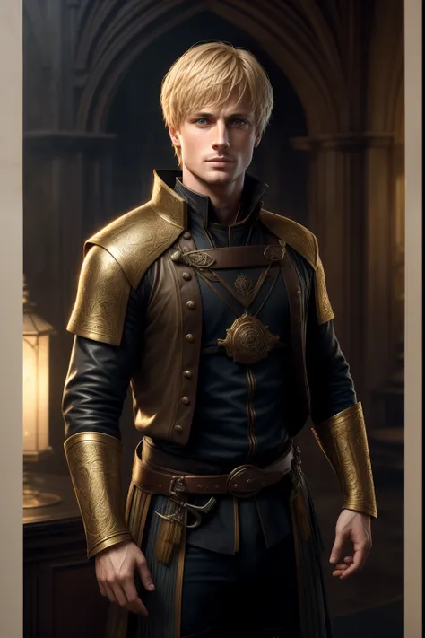 Blonde young Bradley James in old Scottish castles , blond, The iron harness is intricate, massive bulge, Massive legs, circuits, Pandemonium, gotik, BDSM, dinamic lighting, triadic colours, Light on the face, square jaw, massive biceps, massive pectoral m...