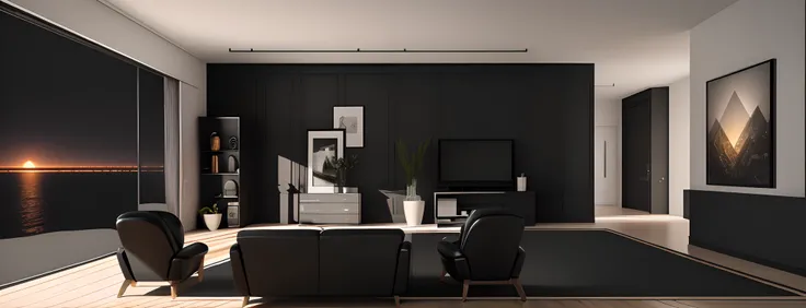 Arched view of a living room with a large window and a sofa, Apartamento com paredes pretas, paredes pretas, Quarto vazio com paredes pretas, interior escuro, Quarto Harmony Black, Design moderno e minimalista, design de interiores minimalista, black furni...