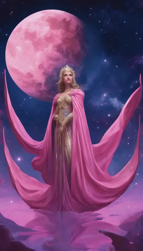 A distant cosmic being, standing with a pink cloak, below an inverted U-shaped portal. The feminine cosmic being with SWORD on the watery ground in one hand and a LANTERN in the other hand, facing the portal and back to the screen, against a background of ...